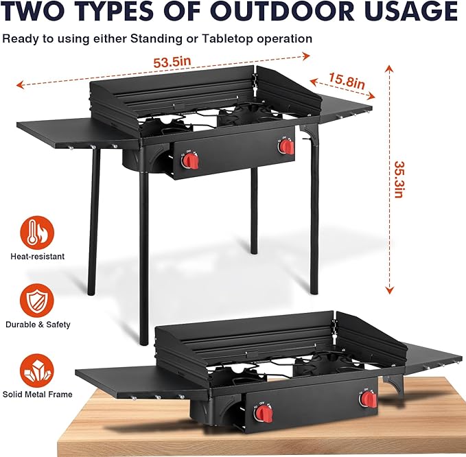 Llamaviva 2 Burner Propane Stove with Windpanel, Camping Stove with Side Shelves, 150000 BTU Propane Burners Removable Legs & Regulator Hose & Carrying Bag