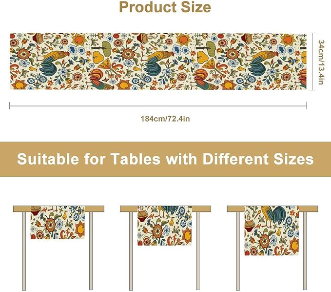 Farm Animal Table Runner, Boho Folk Style Country Rustic Farmhouse Rooster Flower Print Table Runner for Home Kitchen Dining Holiday Decor, 13x108inch