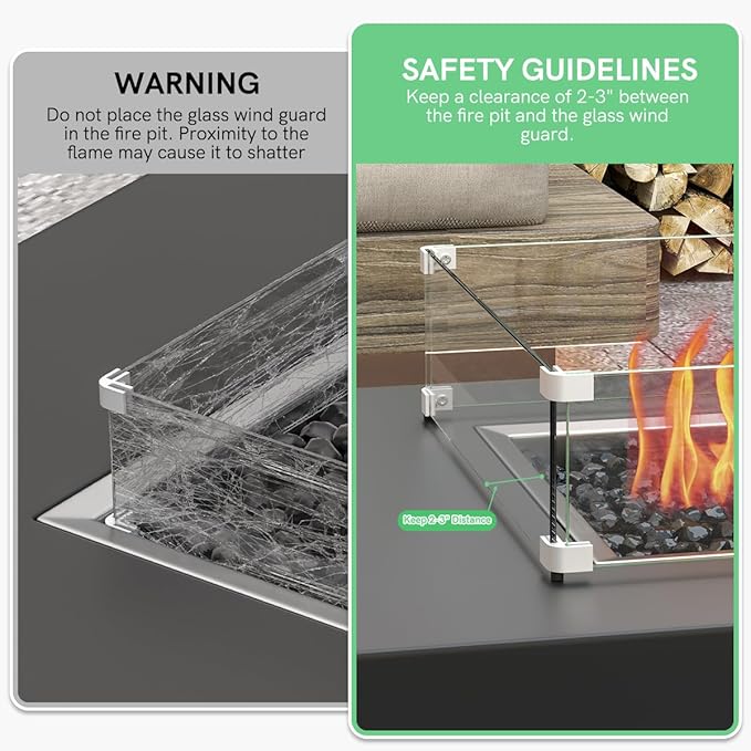 41.5 x 13.5 x 6 Inch Glass Wind Guard for Propane Gas Fire Pit Table, Rectangular Thick Tempered Glass Shield, Firepit Glass Barrier with Aluminum Corner Bracket & Rubber Feet