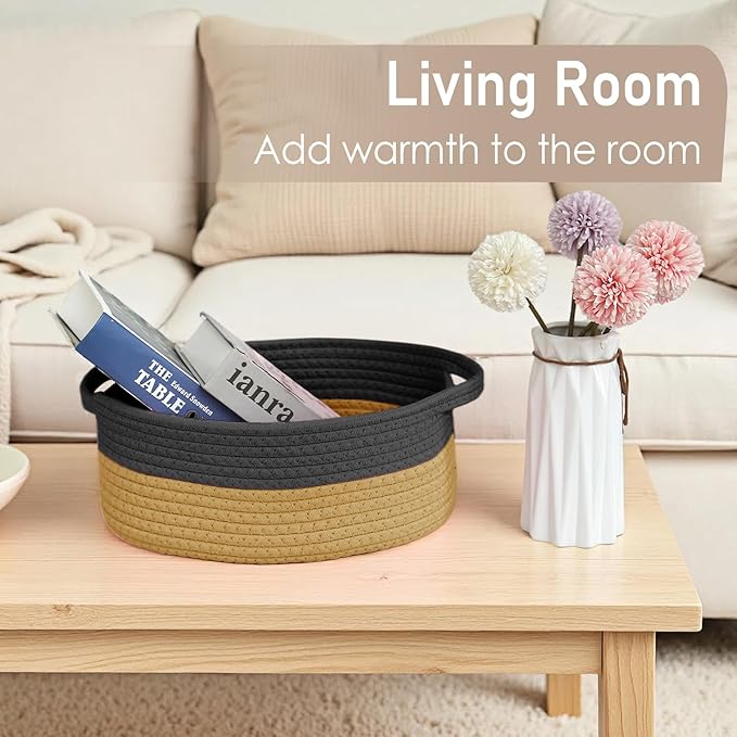 Woven Basket,Small Rope Storage Bin with Handles & Ribbon Bag, Organizer for Shelves Closets,Gift Basket Empty for Birthday,Books,Dog Toys, Black&Jute/3 Pack
