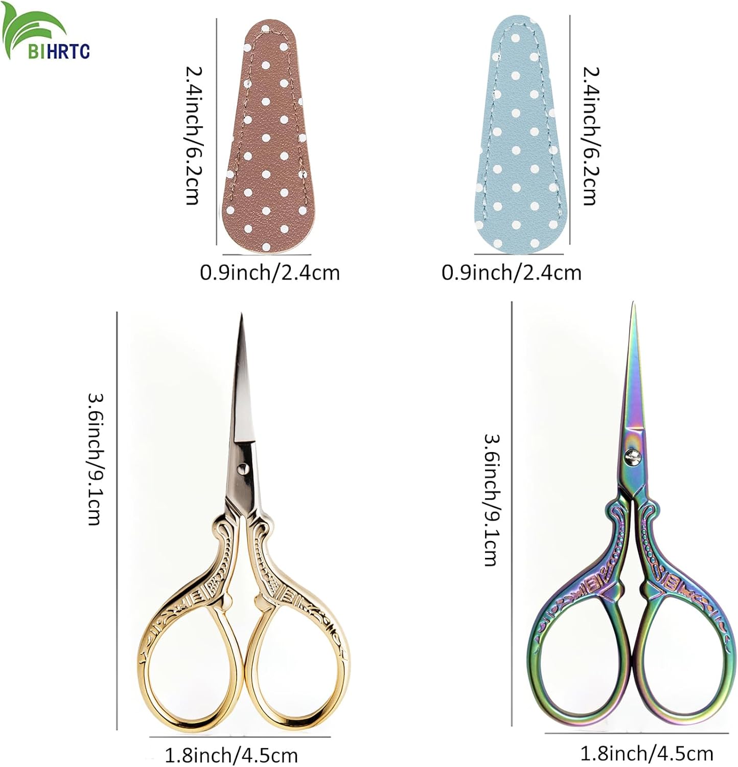 BIHRTC 2 Pairs 3.6 Inch Sewing Scissors with Leather Cover - Stainless Steel Sharp Tip Needlepoint Scissors for Sewing, Crafting, Art Work & Threading