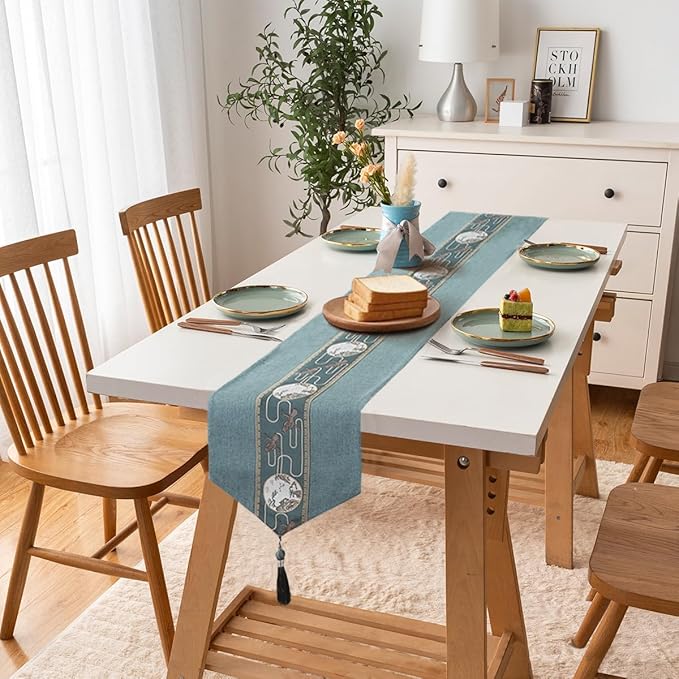 Embroidered Tassel Table Runner Chinese Style Landscape Painting Waterproof Cotton Linen Holiday Kitchen Dining Table Decoration for Home Party Decor 13x72 Inch (Blue)
