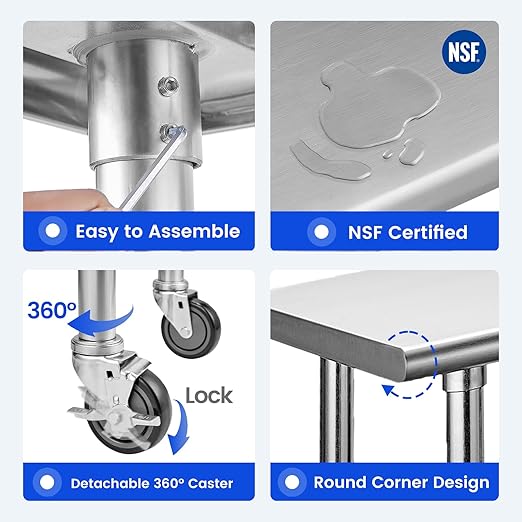 Hally Stainless Steel Table for Prep & Work 24 x 30 Inches with Caster Wheels, NSF Commercial Heavy Duty Table with Undershelf and Galvanized Legs for Restaurant, Home and Hotel