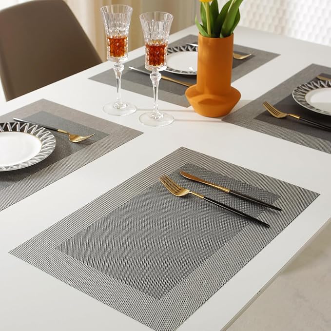 Vinyl Placemats Heat-Resistant Table Mats Washable Easy Clean Plastic Placemats for Dining Table Set of 4(Dark Silver)