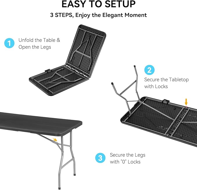 40 Pack of 6 Foot Foldable Table with Built in Handle & Steel Legs ,Heavy Duty Portable ,Perfect for Party, Dining, Wedding, Events, Picnic Indoor, Outdoor, Camping, Utility, Folding(Black-40pac)