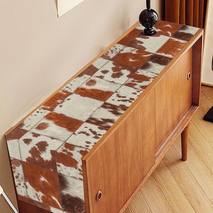 Cow Print Table Runner, Brown Cowhide Print Collage Fur Western Style Table Runner Country Farmhouse Cottage Cow Pattern Linen Table Decoration for Home Kitchen Dining 13x36