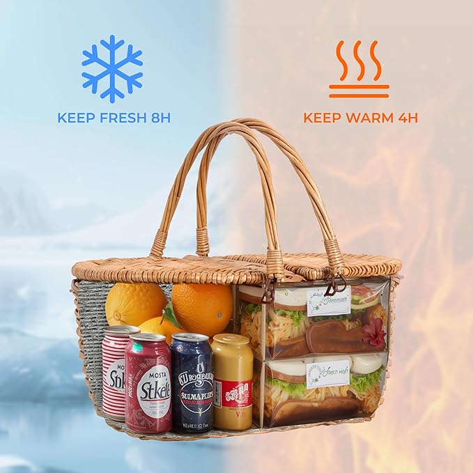 GRANNY SAYS Picnic Basket, Wicker Basket with Insulated Cooler, Woven Cute Basket with Handle, Storage Basket with Washable Lining & Dual-Flid Lid, Natural Willow Picnic Hamper