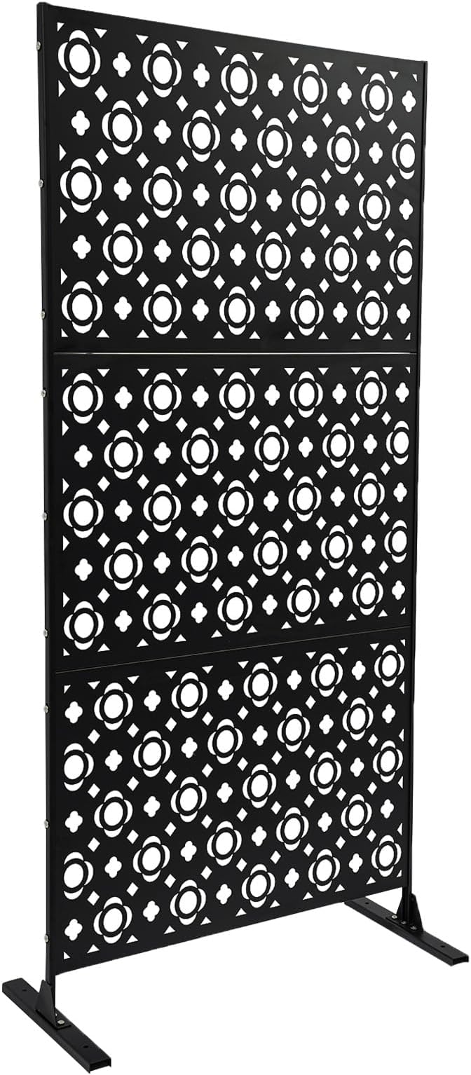 75" H×35" W Decorative Outdoor Privacy Screen with Stand, Outdoor Decor Privacy Fence Screen Metal Fence Panels, Free Standing Metal Divider for Patio Lawn Deck (Black-Small Plum Blossom)