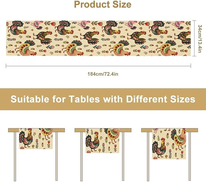 Rustic Farm Animal Table Runner, Vintage Rooster Boho Flowers Table Runner for Kitchen Dining Holiday Home Party 13x36in