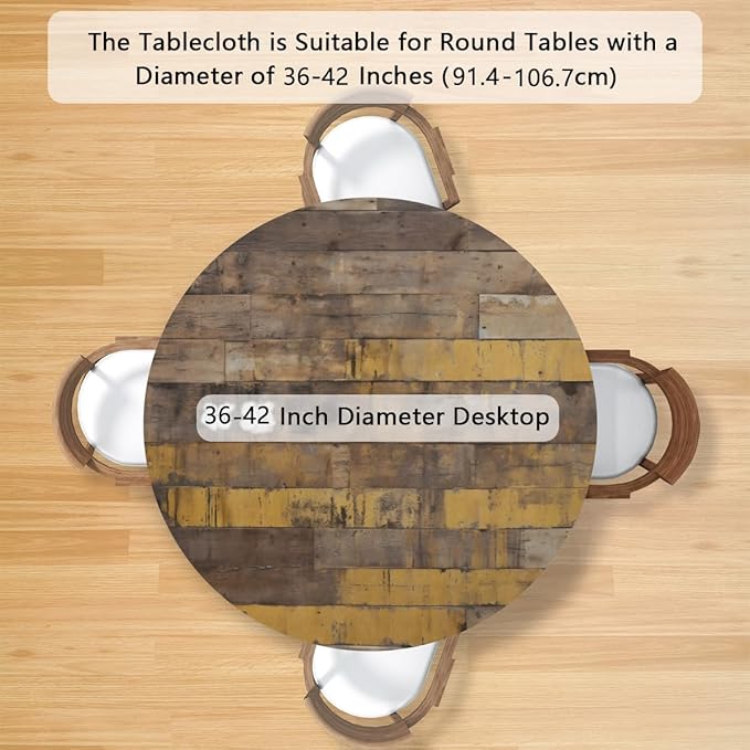 Brown Wooden Planks Retro Round Table Cloth Cover, Elastic Edge Waterproof Wipeable Tablecloths 36"-42" Polyester Tablecloth for Party Restaurant Banquet Holiday Camping Outdoor Picnic