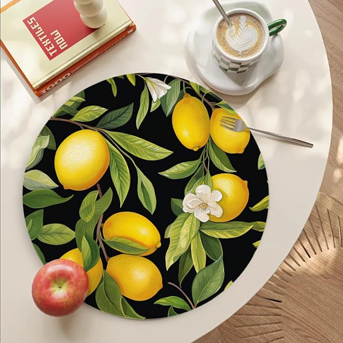 Faux Leather Ding Table Placemats Set of 4,Lemon Tree with Leaves Round Placemat Easy to Clean Heat-Resistant Waterproof Non-Slip Place Mats Indoor and Outdoor Scenes,13inch
