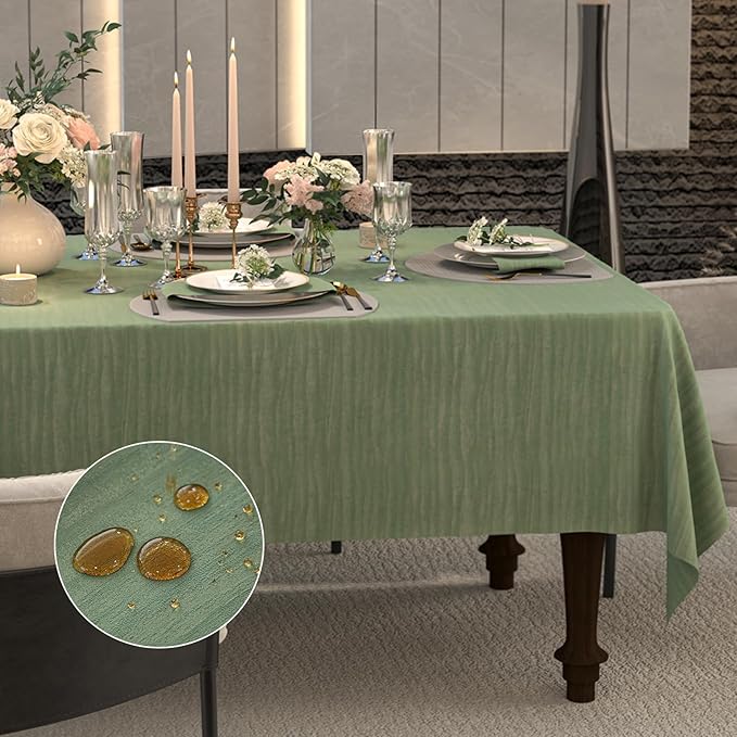 Rectangle Sage Green Table Cloth, Embossed Pleated Textured Waterproof Tablecloth, Decorative Fabric Table Cover for Dining, Farmhouse, Wedding, Outdoor - 60''x84'', Spring/Summer