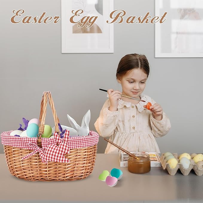 G GOOD GAIN Wicker Picnic Basket with Double Folding Handles,Willow Picnic Hamper,Natural Hand Woven Easter Basket,Easter Eggs and Candy Basket,Bath Storage,Gift Packing Basket.Red