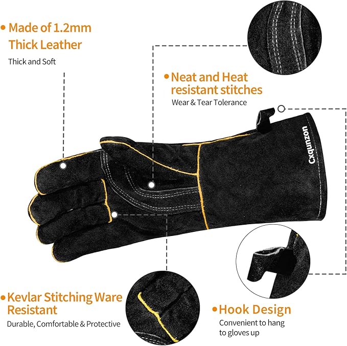 Leather Welding Gloves - Thick Premium Cow Split Leather, Heat Resistant, Welding, Grilling, BBQ & Fireplace