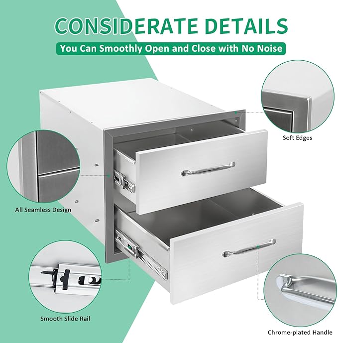 Outdoor Kitchen Drawers 18" W x 15" H x 23" D Stainless Steel Double Drawers with Ergonomic Handle for BBQ Island, Patio Grill Station & Outdoor Kitchen Cabinets