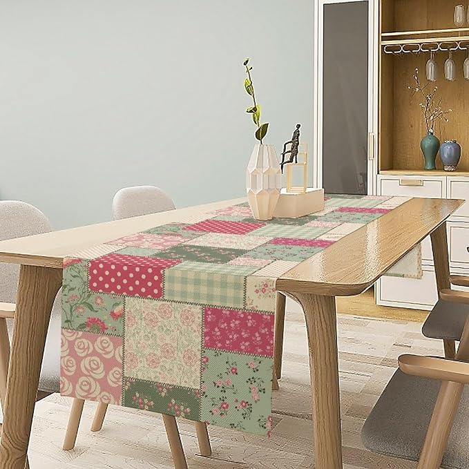 Patchwork Flowers Table Runner, Boho Plaid Floral Retro Romantic Rose Plants Table Runner for Dining Coffee Party Holiday Farmhouse 13x60in