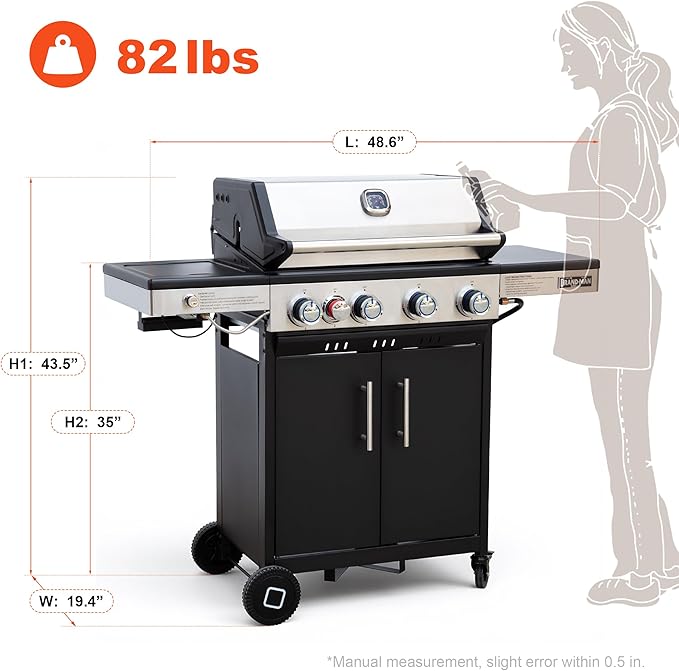 Brand-Man Portable Propane Gas Grill, 4 Burner Compact Cabinet Style Gas BBQ Grill with Infrared Side Burner & Side Table for Outdoor Barbecue Grilling & Backyard Cooking