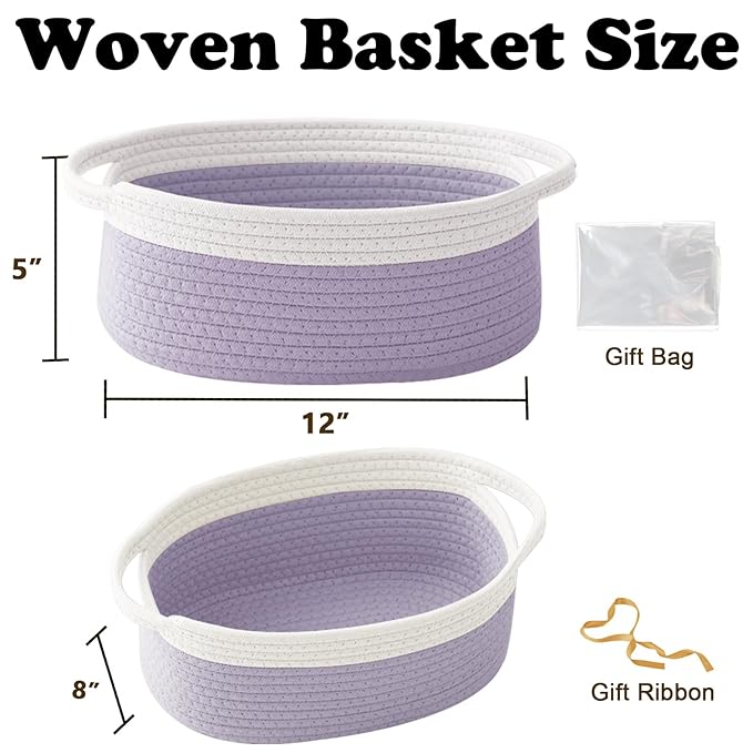 Gift Basket with Gift Bag and Ribbons,Small Rope Woven Shelf Storage,Baskets for Gifts Empty,Birthday,Baby Shower,Decorative Organizer Box with Handles(White&Purple)