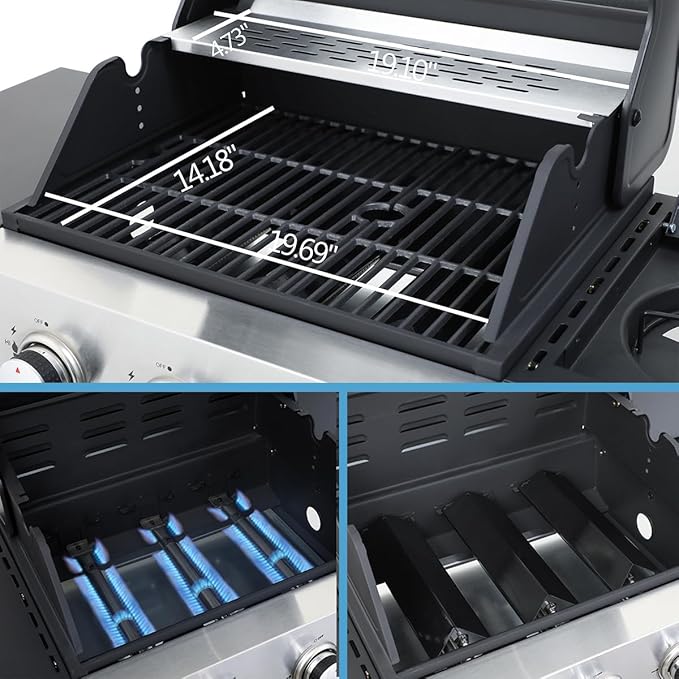 3-Burner Gas Grill with Side Burner, 37230 BTU Outdoor BBQ, Large Cooking Area with Enameled Cast Iron Grates, Locking Wheels & Foldable Side Tables for Patio & Backyard(3+1 Burner)