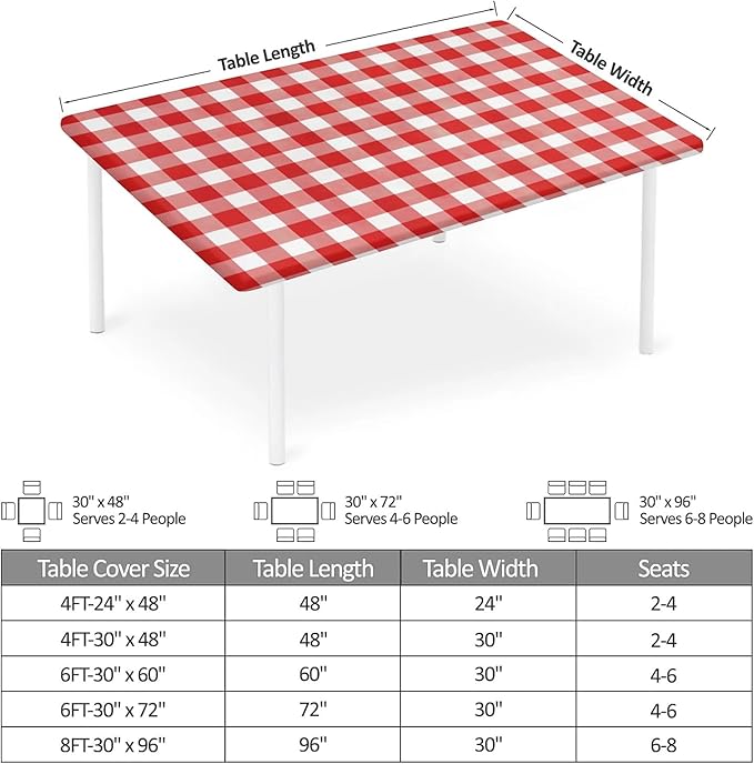 Rectangle Table Cloth Cover Waterproof Elastic Fitted Polyester Fitted Tablecloths for 6 Foot Tables for Indoor,Picnic, Camping, Outdoor （72" x 30"，Red Grid）