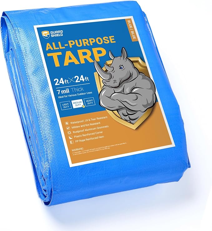GUARD SHIELD Blue Tarp Waterproof 24x24 Feet Medium Duty All Purpose Poly Tarps Cover 7mil