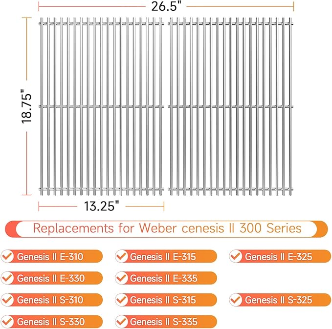 18.75" Stainless Steel Cooking Grates Replacement Parts for Weber Genesis II 300 and Genesis II LX 300 Series Gas Grills, Genesis II E&S 310 315 320 325 340, Cooking Grid for Weber 66095, 2 Pack