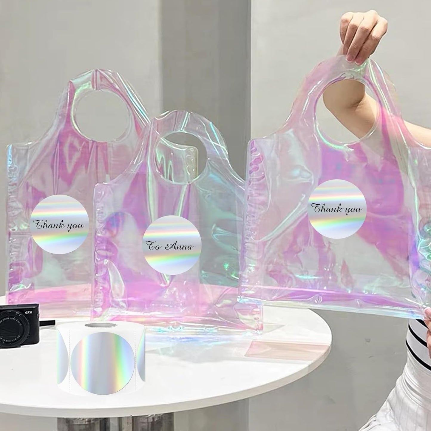 2" Circle Holographic Thermal Label Stickers, Round Printable Rainbow Glitter Thermal Printer Sticker Labels for Gift Wrapping, Self-Adhesive Name Price Tag DIY Custom Logo Design- Silver
