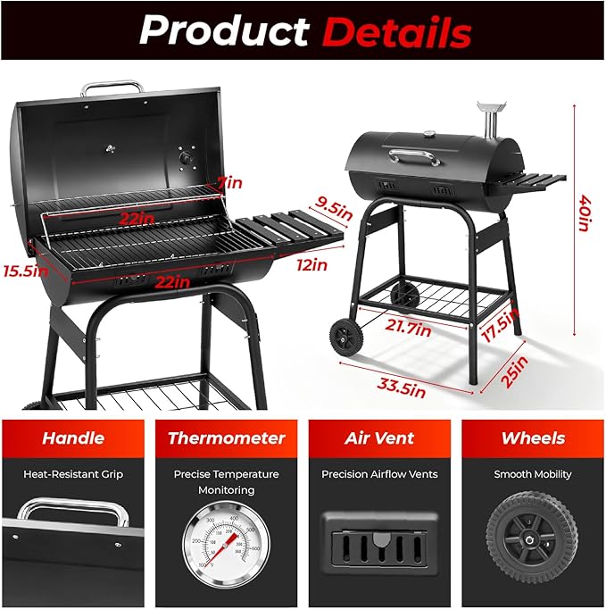 Outvita Barrel Charcoal Grill with Warming Rack, Outdoor BBQ Grill with Side Front Table with Spacious Cooking Grid Area for Backyard Patio Picnic Parties Camping, Black