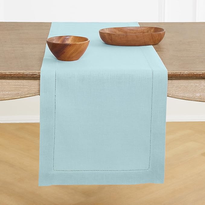 Solino Home Linen Aqua Blue Table Runner 72 Inches Long - 100% Pure Linen Hemstitch Table Runner 14 x 72 Inch for Dresser, Dining, Spring, Easter, Winter - Classic Hemstitch
