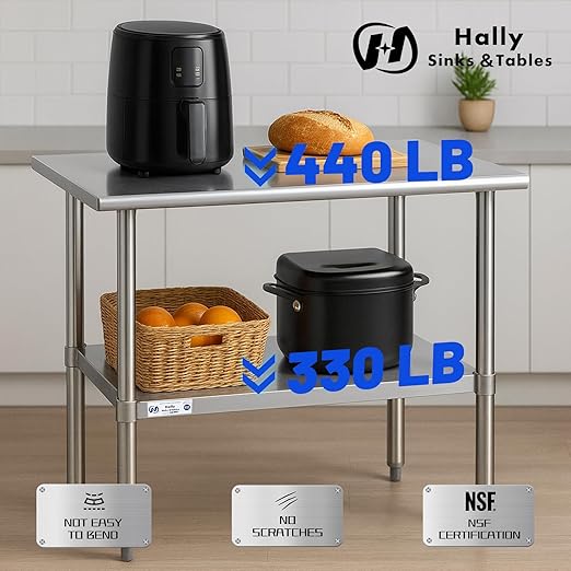 Hally Stainless Steel Table for Prep & Work 30 x 30 Inches, NSF Commercial Heavy Duty Table with Undershelf and Galvanized Legs for Restaurant, Home and Hotel