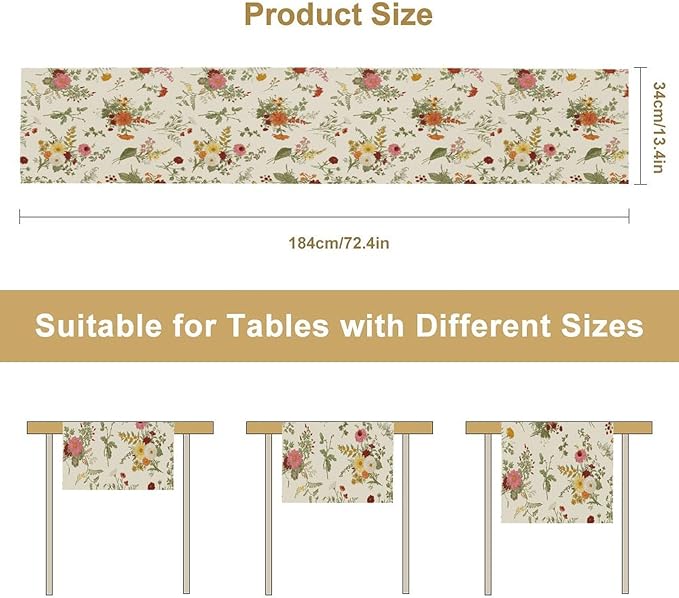Vintage Flower Table Runner, Rustic Farmhouse Retro Garden Botanical Plants Herbs Wildflower Print Table Runner for Kitchen Dining Room Wedding Party Decor, 13x36inch