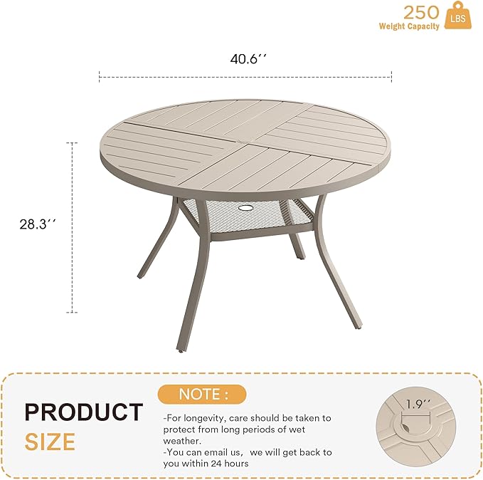 VICLLAX Round Patio Table with Adjustable Umbrella Hole for 4, All Weather Metal Outdoor Dining Table for Lawn Garden, 40.6" Outdoor Coffee Table, Cream Color Frame