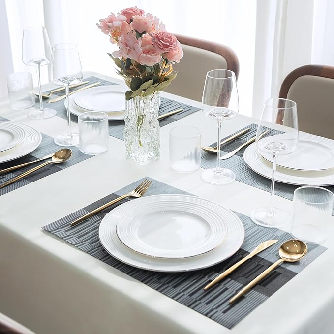 Placemats Set of 6 Vinyl/Plastic Woven Place Mats for Kitchen Table Indoor/Outdoor Washable Placemat Wipeable Dining Table Mats (Ombre Silver Grey Black,6)
