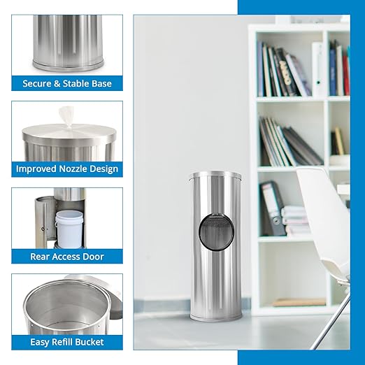 Zoom Wipes Stainless Steel Wipes Dispenser with Built-in Trash Bin – 36" Floor Stand Wipes Holder for Gyms, Offices, Homes – Sanitizing & Disinfecting Station, Commercial Grade & Rustproof.