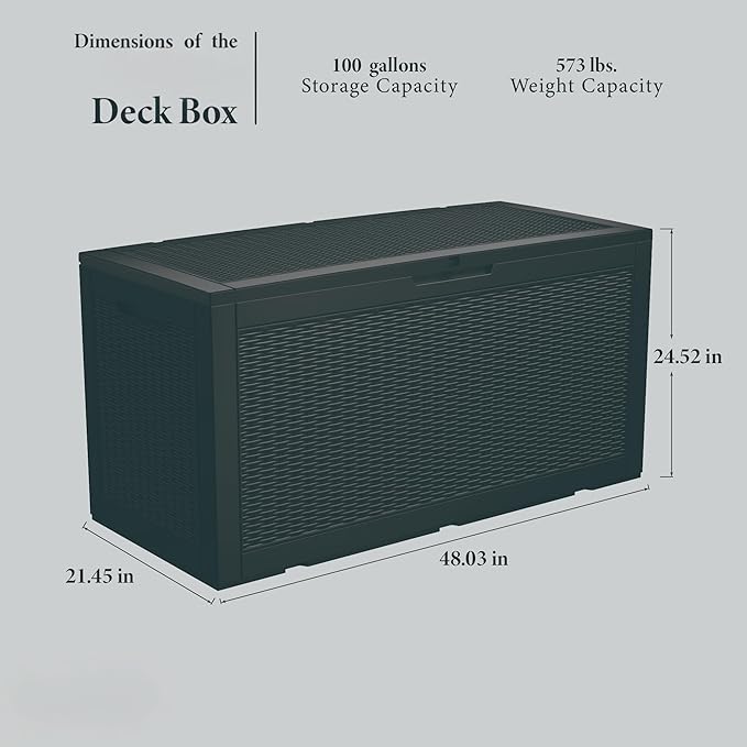 100 Gallon Deck Box, Resin Outdoor Indoor Waterproof Storage Box, Lockable Storage Box With Handle for Patio Furniture - Garden Tools - Swimming Pool Tools UV-Resistant, (100 Gallon Black)
