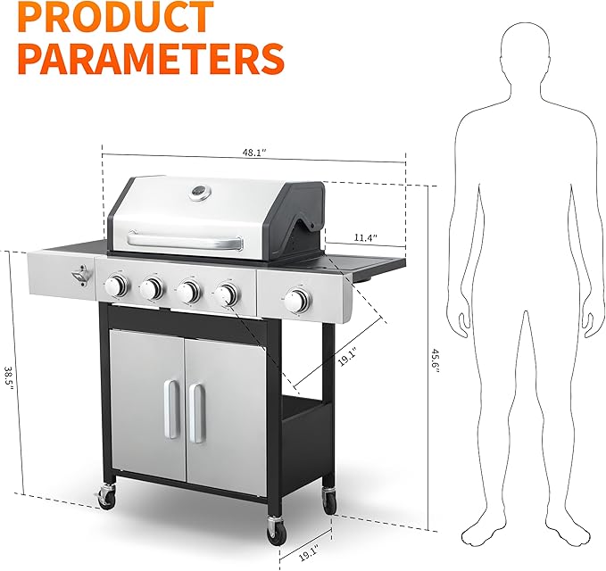 4-Burner Gas Grill, 46,790 BTU Outdoor BBQ Grill with Infrared Side Burner, Porcelain Cast Iron Grates & Stainless Steel Build for Fast Heating, Easy Clean (Backyard, Camping, Tailgating)