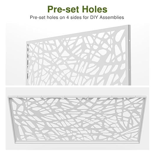 Casaphoria Metal Privacy Screen Outdoor, 72" H x 47" W Freestanding Decorative Privacy Screen for Patio Deck Balcony Garden with Stable Base, White-Net