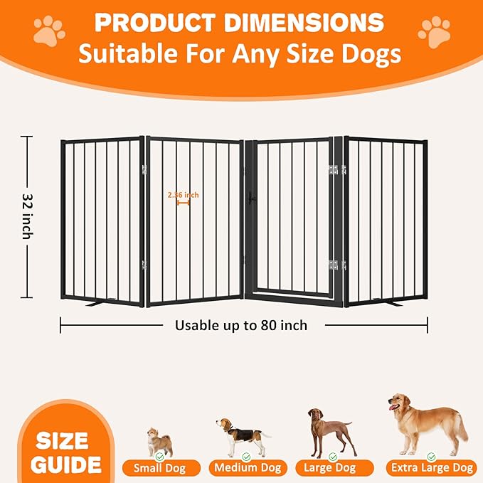 Metal Freestanding Dog Gate, Foldable Extra Wide 79", 32" Tall Large Opening Pet Gate for Indoor & Outdoor, Portable Dog Fence for Stairs, Doorways (Black, 4 Panels)