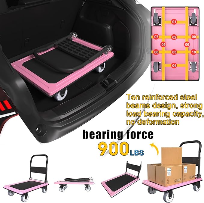 WUD Push Cart, Folding Mobile Platform Trolley,Thickened and Reinforced, 360° Swivel Wheels,35.4 “L x 23.6 ”W, 1100 lb. Pink Dolly cart with Wheels (Pink, Large)