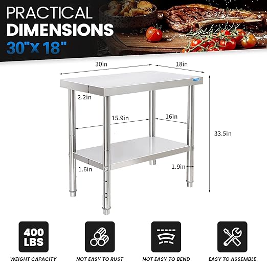 Stainless Steel Table 30 x 18 Inch, Stainless Table for Prep & Work, Commercial NSF Metal Table for Restaurant Kitchen Garage