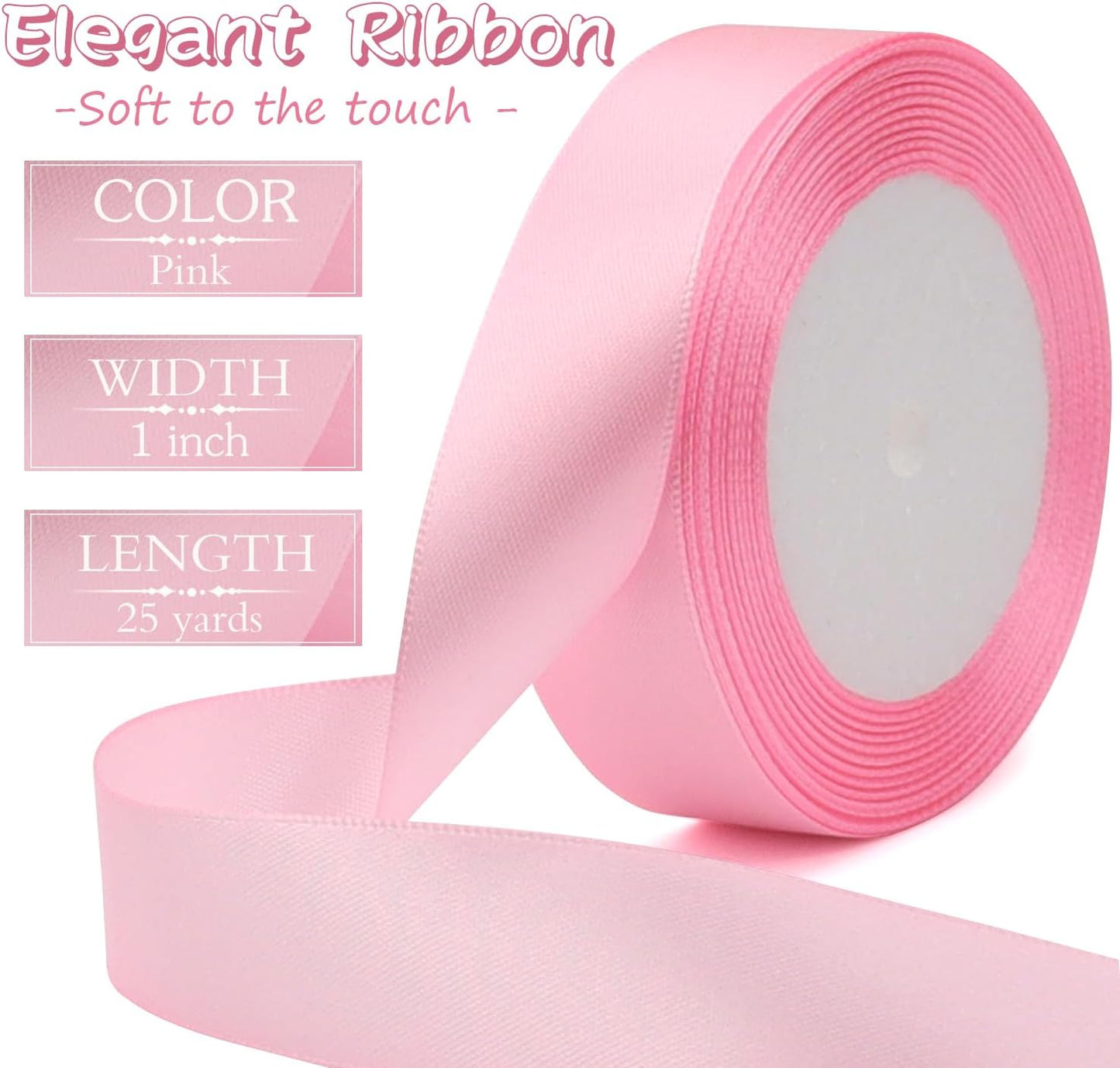 Pink Solid Satin Ribbon 1 Inch 25 Yards Solid Polyester Fabric Ribbon for Gift Wrapping Wedding Christmas Baby Shower Birthday Party Decoration Handmade Immortal Flower Craft
