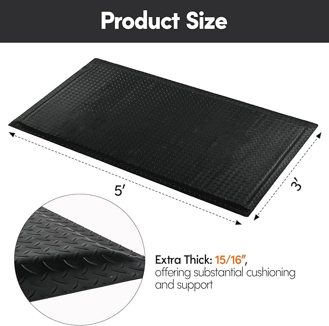 Nisorpa Anti Fatigue Mats Industrial 3' x 5' Ergonomic Standing Mat 15/16" Extra Thick Kitchen Rugs for Standing Heavy Duty Commercial Diamond Plate - Safety Support for Leg & Back Pain, Black