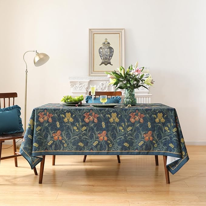 patdrea Designer Vintage Dark Blue Linen Rectangle Tablecloth,French Rustic Floral Pattern Tablecloths,Decorative Table Cover Cloth for Kitchen,Dining,Tea Party,Home,Christmas,67"*118"