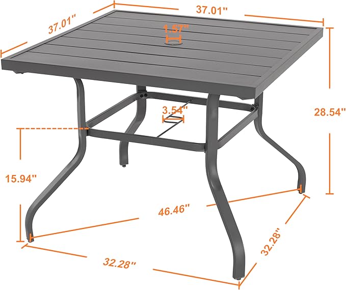 NUU GARDEN 37" Outdoor Patio Table, 4 Person Steel Slat Square Dining Table with 1.57" Umbrella Hole, Slatted Top and Powder Coated Iron Frame for Patio, Garden and Balcony, Gray