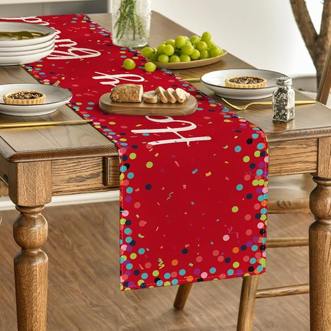 Artoid Mode Polka Dot Red Happy Birthday Table Runner, Seasonal Christmas Winter Kitchen Dining Table Decoration for Home Party Decor 13x72 Inch