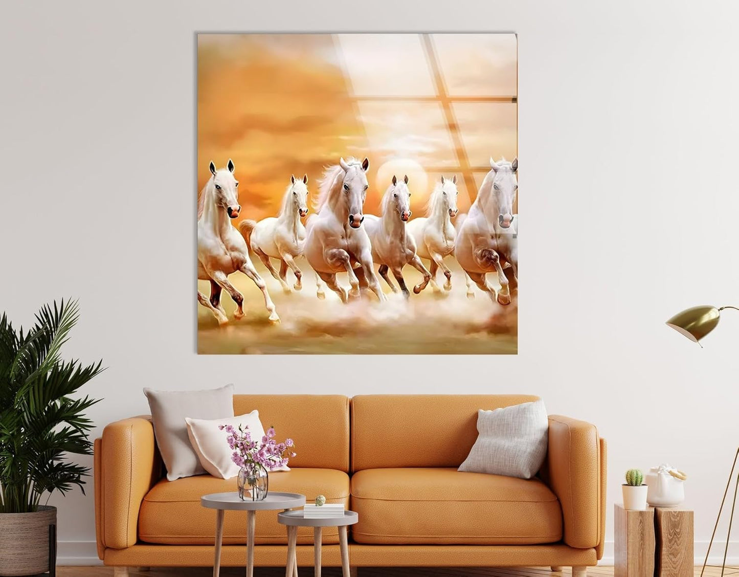 My Photostation.com 48Wx32H'' White Horses Running on Sunset Glass Wall ArtTempered Glass Printing Wall Decor Large Wall Art Wall Hangings