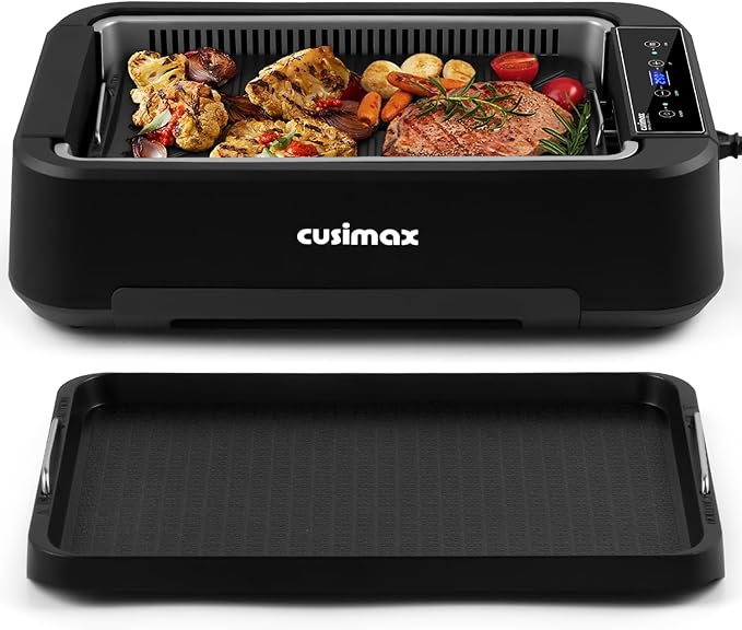 Indoor Grill, CUSIMAX Electric Smokeless Grill & Griddle with REPLACEABLE Smoke Filter Sponge, 1500W Korean BBQ Grill, Smart LED Display, Larger Grilling Area, Black(New Model)