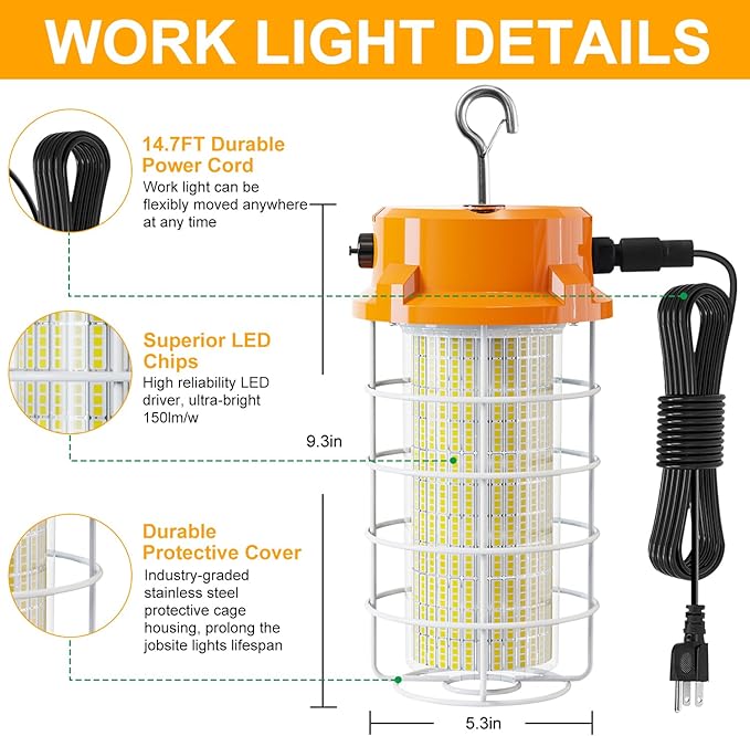 120W LED Temporary Work Light 18000LM Construction Lights 5000K Led Work Light IP67 Dust Waterproof Portable Lights with Stainless Steel Guard Hook for Factory Mine Wharf Job Site Garage Temp Lighting