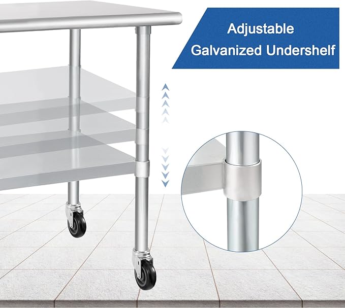 HARDURA Stainless Steel Table with Wheels 30 x 60 Inches Casters NSF Heavy Duty Commercial Work & Prep Table with Undershelf and Galvanized Legs for Restaurant Kitchen Bar and Hotel Garage