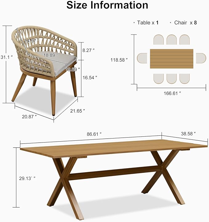 PURPLE LEAF 9 Pieces Outdoor Dining Set All-Weather PE Rattan Outdoor Patio Furniture Set with All Aluminum Frame Rectangular Table and Chairs Set for Lawn Garden Backyard Deck, Teak
